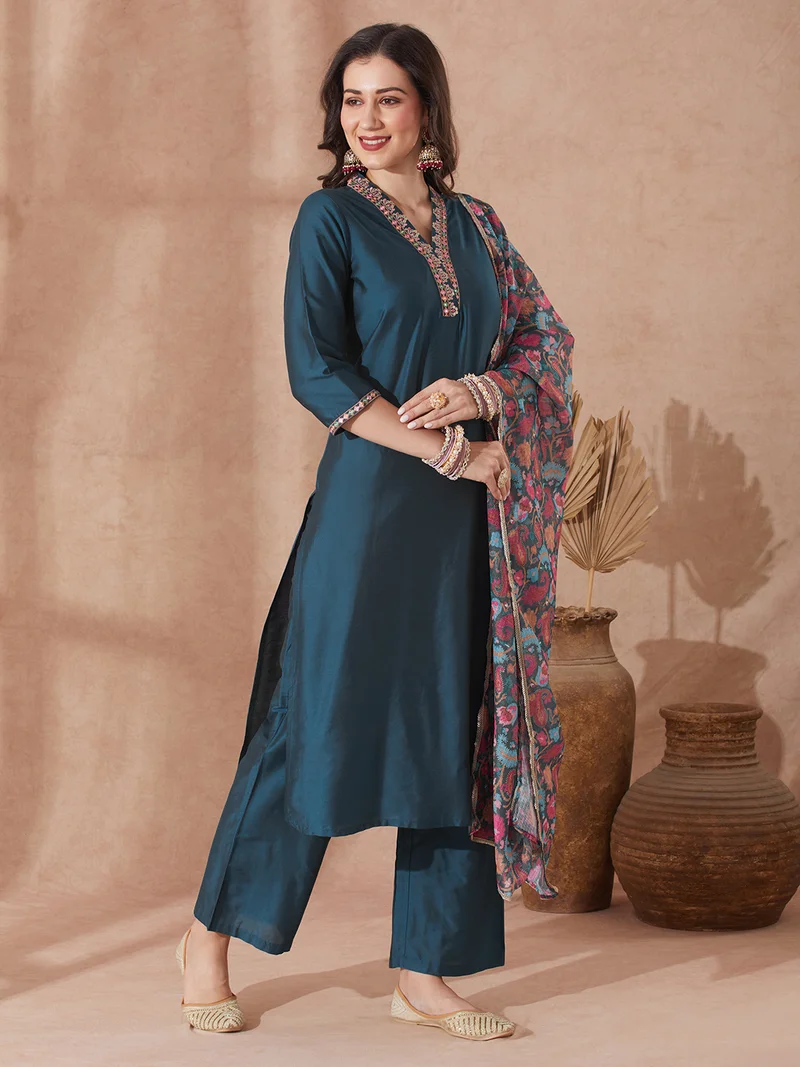 globus Women Teal EmbroideredÃ‚Â V-Neck Straight Kurta With Trouser & Paisely Printed Sequin Lace Dupatta Festive Set