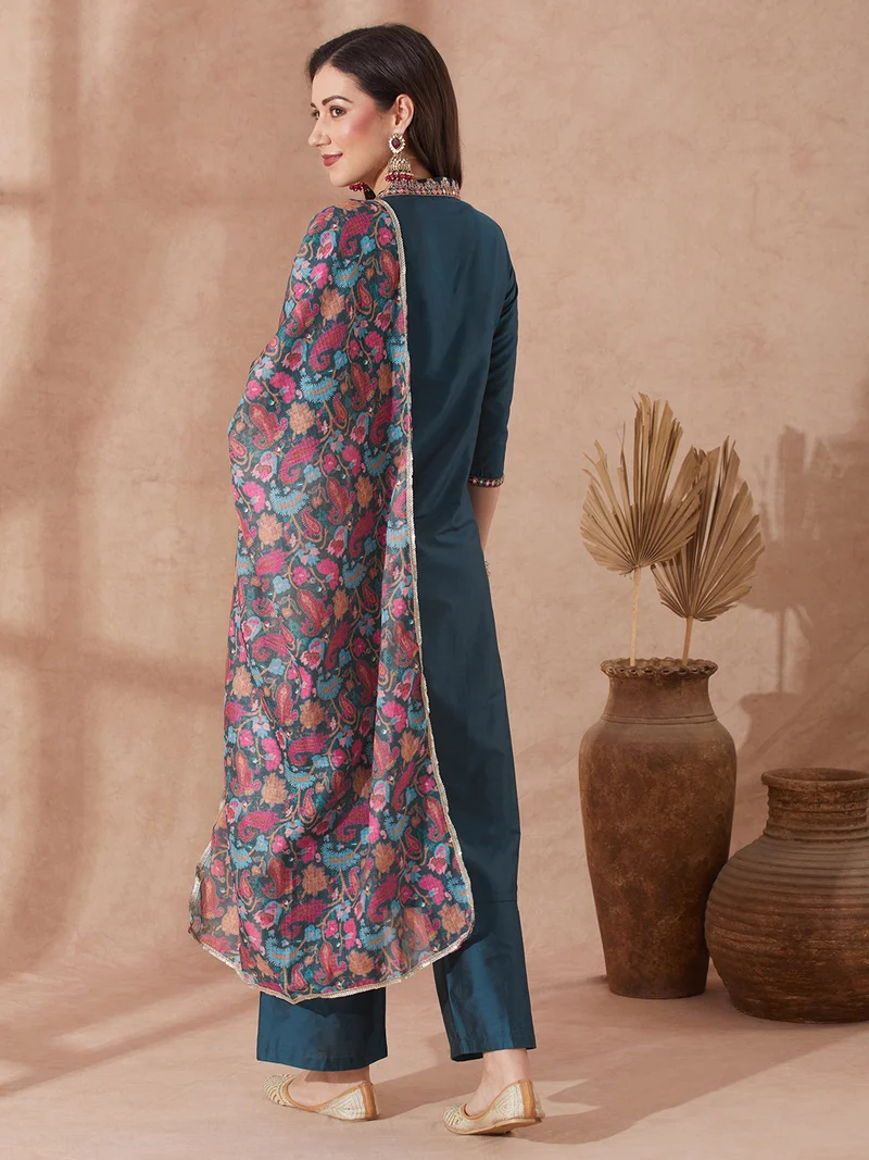 globus Women Teal EmbroideredÃ‚Â V-Neck Straight Kurta With Trouser & Paisely Printed Sequin Lace Dupatta Festive Set