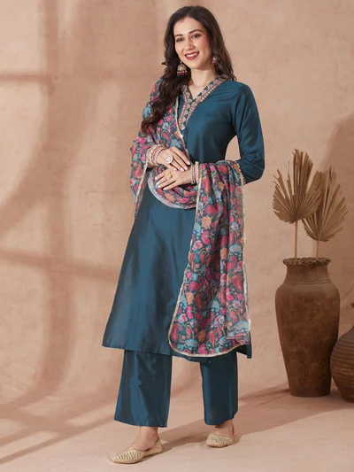 globus Women Teal EmbroideredÃ‚Â V-Neck Straight Kurta With Trouser & Paisely Printed Sequin Lace Dupatta Festive Set