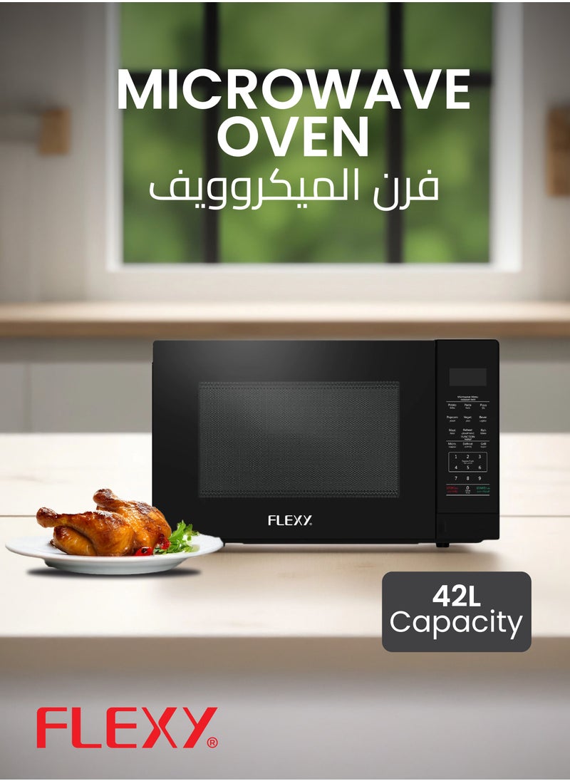 Flexy - 42L Microwave Oven, 1000W, 10 Power Levels, Grill Function, Auto Cooking Menu, Defrost by Weight/Time, Timer, 345mm Turntable, Black, Membrane Control, 2-Year Warranty. - Image 1