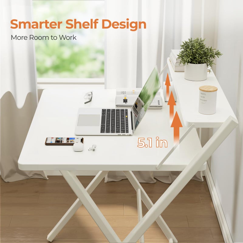 GreenForest Folding Desk No Assembly Required Large Size, 2-Tier Foldable Computer Desk with Shelf for Home Office, Space Saving Portable Laptop Study Foldable Table for Bedroom, White - Image 4