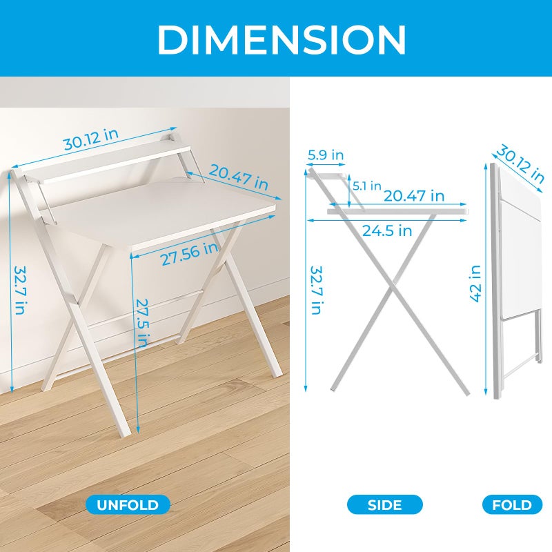 GreenForest Folding Desk No Assembly Required Large Size, 2-Tier Foldable Computer Desk with Shelf for Home Office, Space Saving Portable Laptop Study Foldable Table for Bedroom, White - Image 2