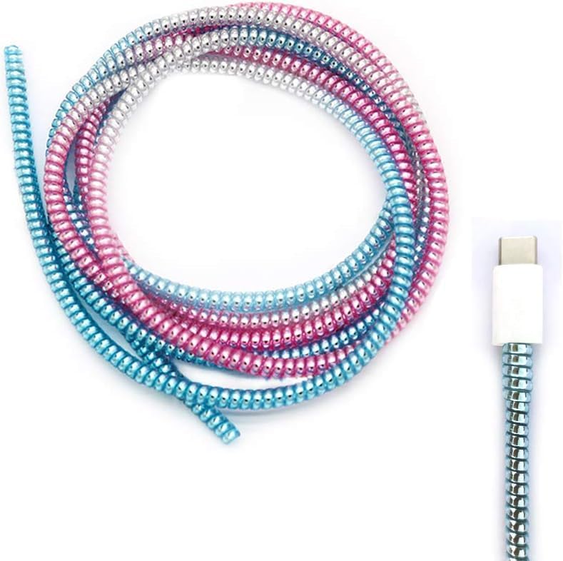 Redclip Metallic Finish Spiral Protector for Cable, Wire Repair, Pet Cord, Headphone Saver - 1.5 Meters (2 Pcs) - Wrap/Cover for Mac Charging, USB Tube, Earphone (Silver-Pink-Blue) - Image 1