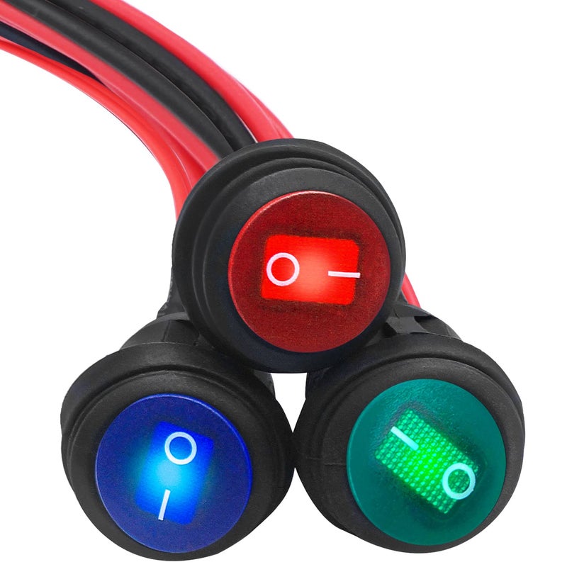mankk 3PCS Round Rocker Switch 12V ON Off 3 Pin SPST Waterproof Toggle Switch SPST Blue Green Red LED Light with Detachable Wires for Car Auto Boat Trucks KCD1-5-101NW-3C-X - Image 1