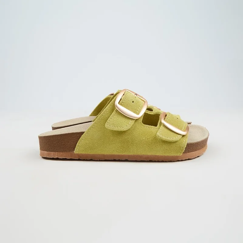Manijero Manijero Irene Genuine Leather Double Buckle Pistachio Green Slippers