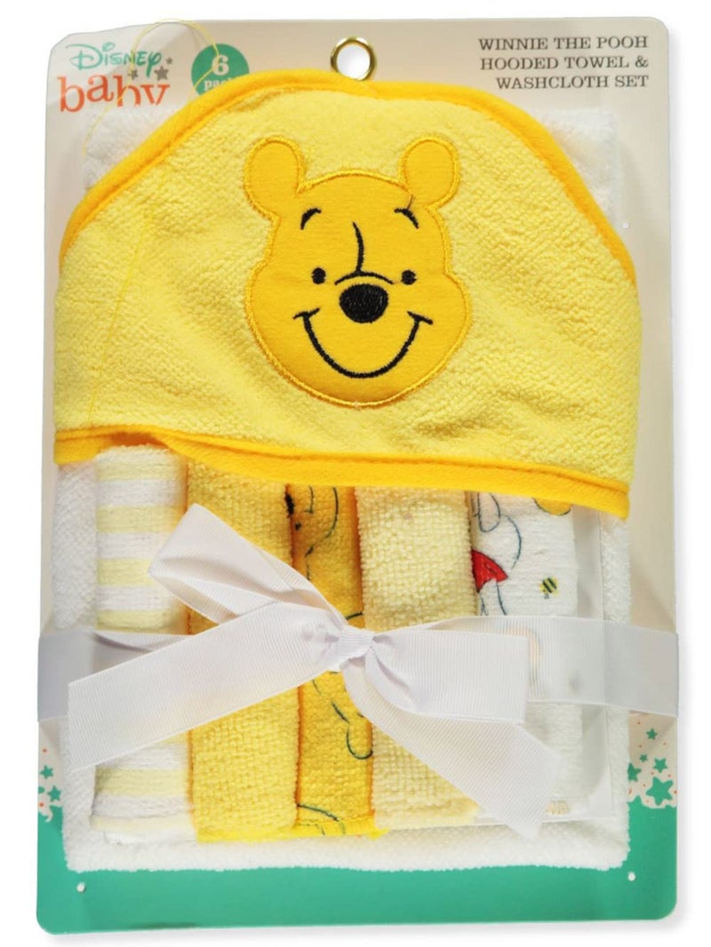 Cudlie Accessories Disney Baby Winnie The Pooh Hooded Towel with 5 Piece Washcloth Set Honey Collector Print GS71798 Yellow
