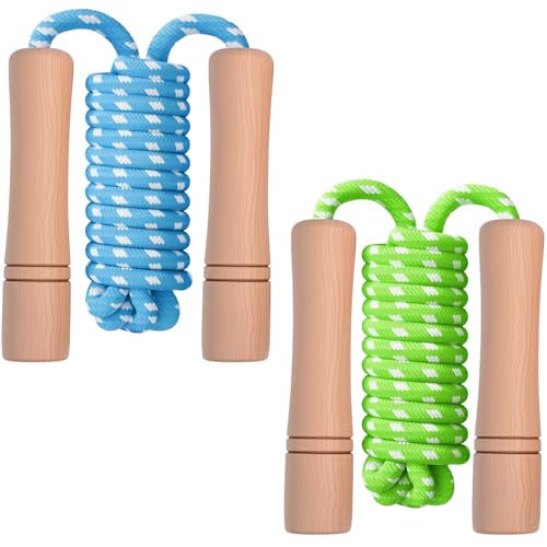Homello Jump Rope for Kids - Wooden Handle - Adjustable Cotton Braided Fitness Skipping Rope for Toddler Fitness Workout Exercise Outdoor Activity (Green+Blue) - Image 1