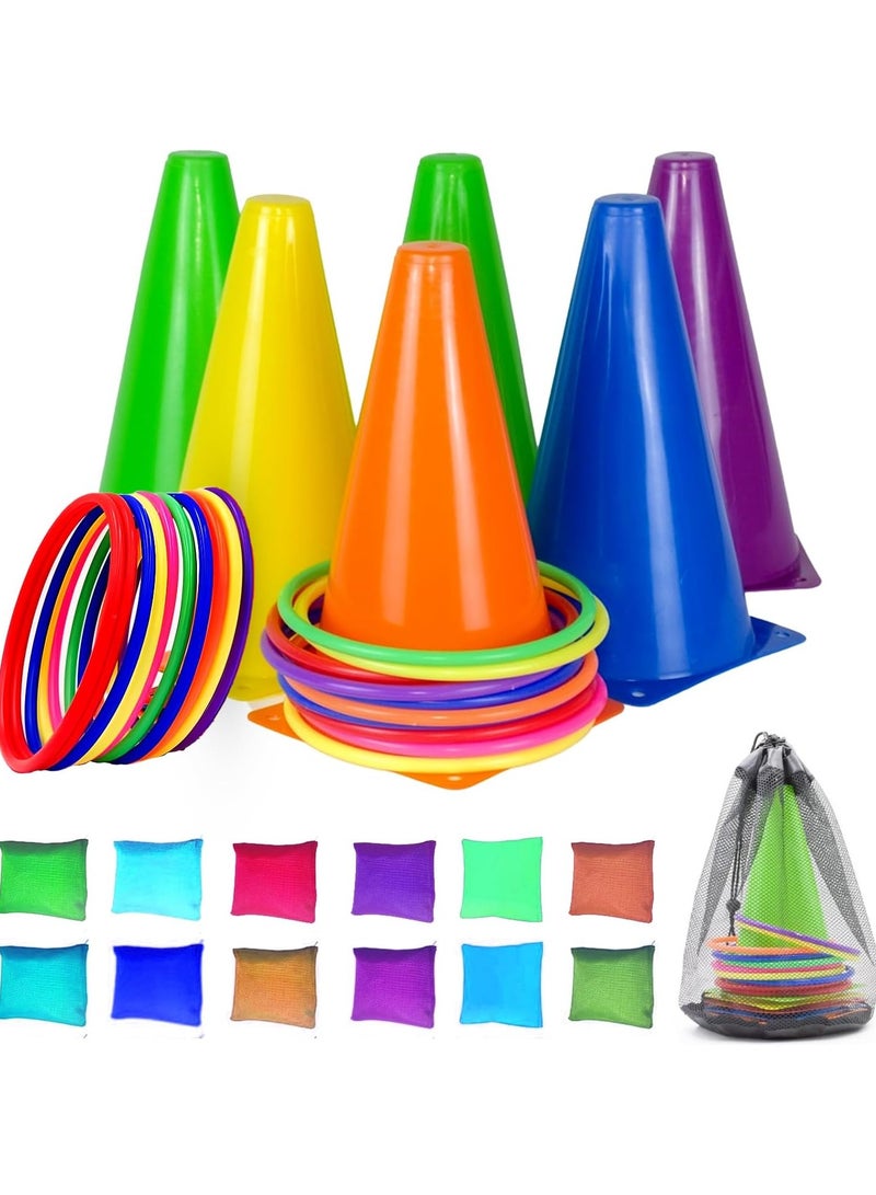 31 Pcs Plastic Cones and Rings Games Ring Toss Games for Adults, Carnival Games for Kids, Bean Bag for Kids Games Birthday Party, Yard Games, Sports & Outdoor Games for Family Party  - Image 1