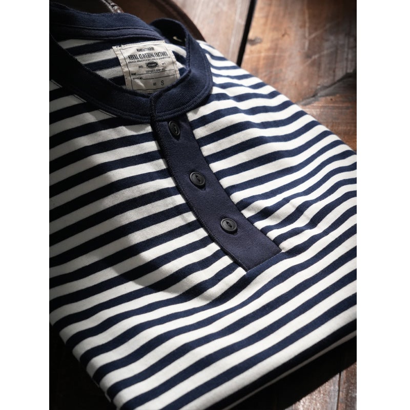 American Style Tough Man Style Henry Collar Striped Short-Sleeved Men'S T-Shirt Washed Cotton Comfortable Sea Soul Shirt Base Shirt Half-Sleeved Tee - Image 4