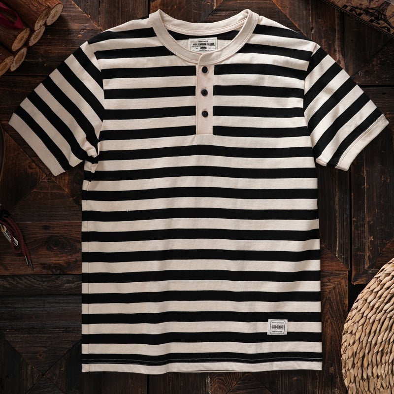 American Style Tough Man Style Henry Collar Striped Short-Sleeved Men'S T-Shirt Washed Cotton Comfortable Sea Soul Shirt Base Shirt Half-Sleeved Tee - Image 1