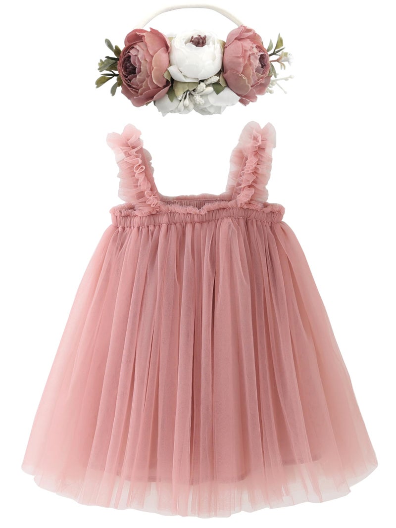 BGFKS Layered Tulle Tutu Dress for Toddler Girls,Baby Girl Rainbow Tutu Princess Skirt Set with Flower Headband.(Dusty Rose,6 Months) - Image 1