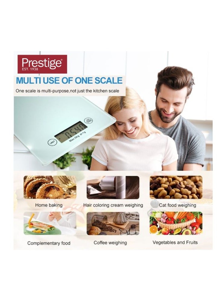 Prestige مقياس الطعام الرقمي بريستيج مقياس مطبخ متعدد الوظائف ومقياس خبز | نحيف للغاية مع شاشة LCD كبيرة مقاييس الطعام البلاستيكية والزجاجية الفاخرة | 11 رطل/5 كجم مع 0.1 أوقية/1 جرام - PR81005  - Image 5