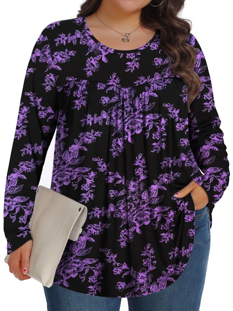 Tencede Plus Size Tops for Women Fall Long Sleeve Shirts Crew Neck Casual Loose Tunic Blouse Black Purple Flowers 3X - Image 1