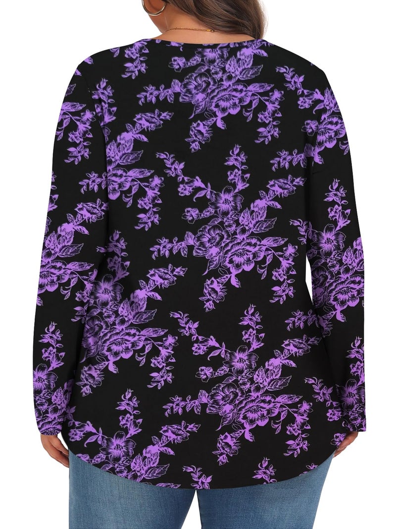 Tencede Plus Size Tops for Women Fall Long Sleeve Shirts Crew Neck Casual Loose Tunic Blouse Black Purple Flowers 3X - Image 5