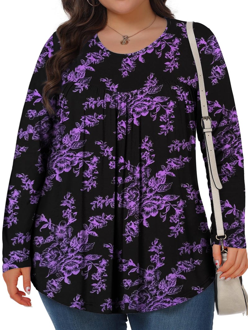 Tencede Plus Size Tops for Women Fall Long Sleeve Shirts Crew Neck Casual Loose Tunic Blouse Black Purple Flowers 3X - Image 2