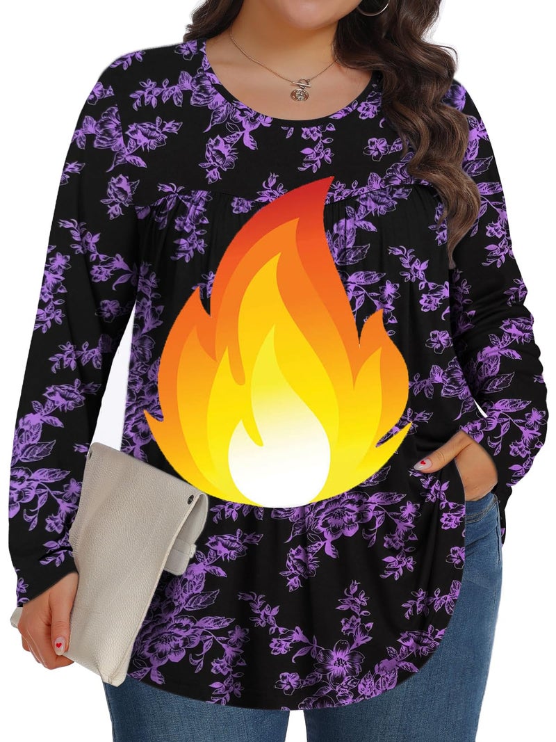 Tencede Plus Size Tops for Women Fall Long Sleeve Shirts Crew Neck Casual Loose Tunic Blouse Black Purple Flowers 3X - Image 3