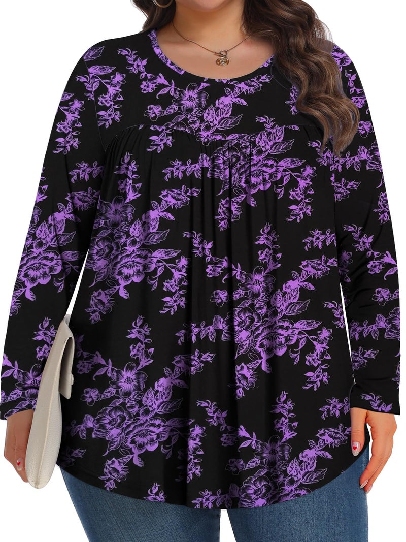 Tencede Plus Size Tops for Women Fall Long Sleeve Shirts Crew Neck Casual Loose Tunic Blouse Black Purple Flowers 3X - Image 4