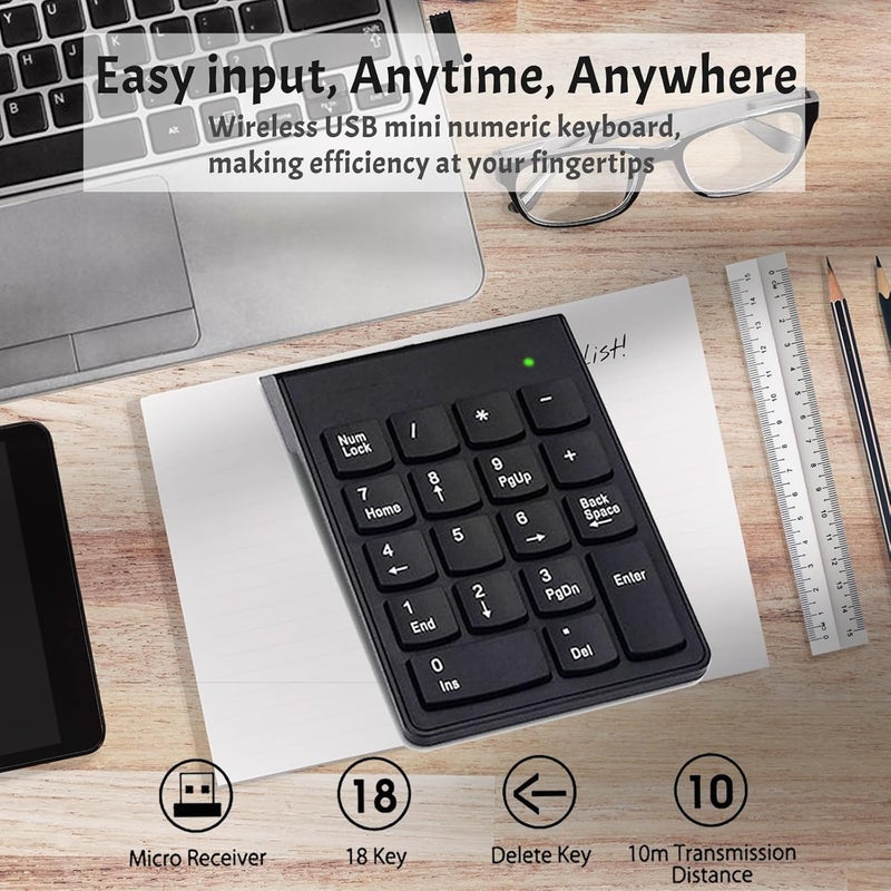 Wireless Numeric Keypad 2.4GHz Numpad Ultra Slim - Splash Proof - 18 Key characters UV printing For Laptop (AAA Battery not included) | Black - Image 3