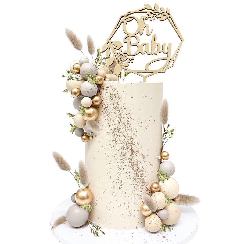 KEEPARTY 47 Pcs Wood Oh Baby Cake Topper Boho Cake Toppers Balls Cake Topper Decorations Baby Shower Decorations For Boho Baby Shower Birthday Wedding Gender Reveal Cake Decorations - Image 1