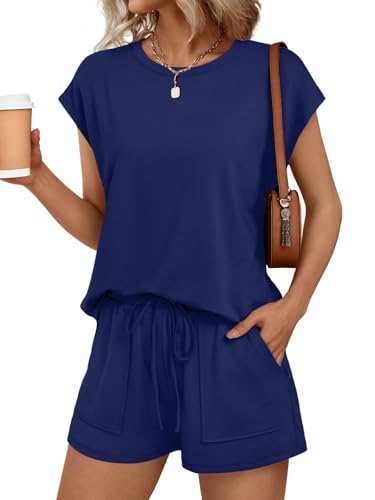AUTOMET Womens Lounge Two 2 piece Sets Summer Spring Cruise Outfits 2026 Matching Beach Vacation Clothes Travel Sweatsuits Sweat Casual Romper Shorts Fashion Trendy Clothing Loungewear Navy Blue XL - Image 1