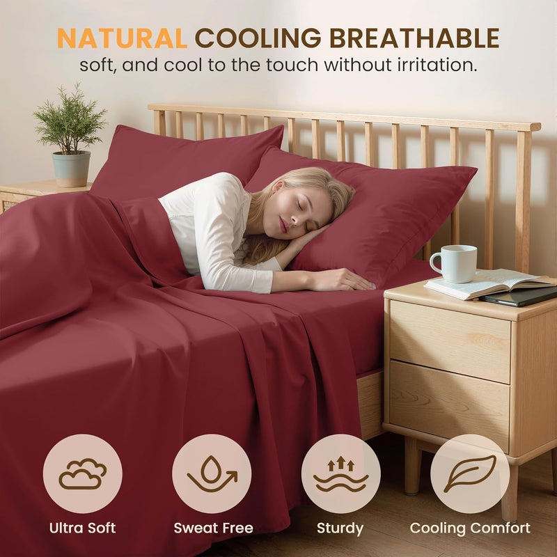 USXIBEI King Size 4 Piece Bed Sheet Set - Ultra Imitation Cotton-Premium Breathable & Cooling Sheets - Hotel Luxury Bed Sheets Deep Pocket up to 15"- Wrinkle, Fade, Stain Resistant (Burgundy, King) - Image 3