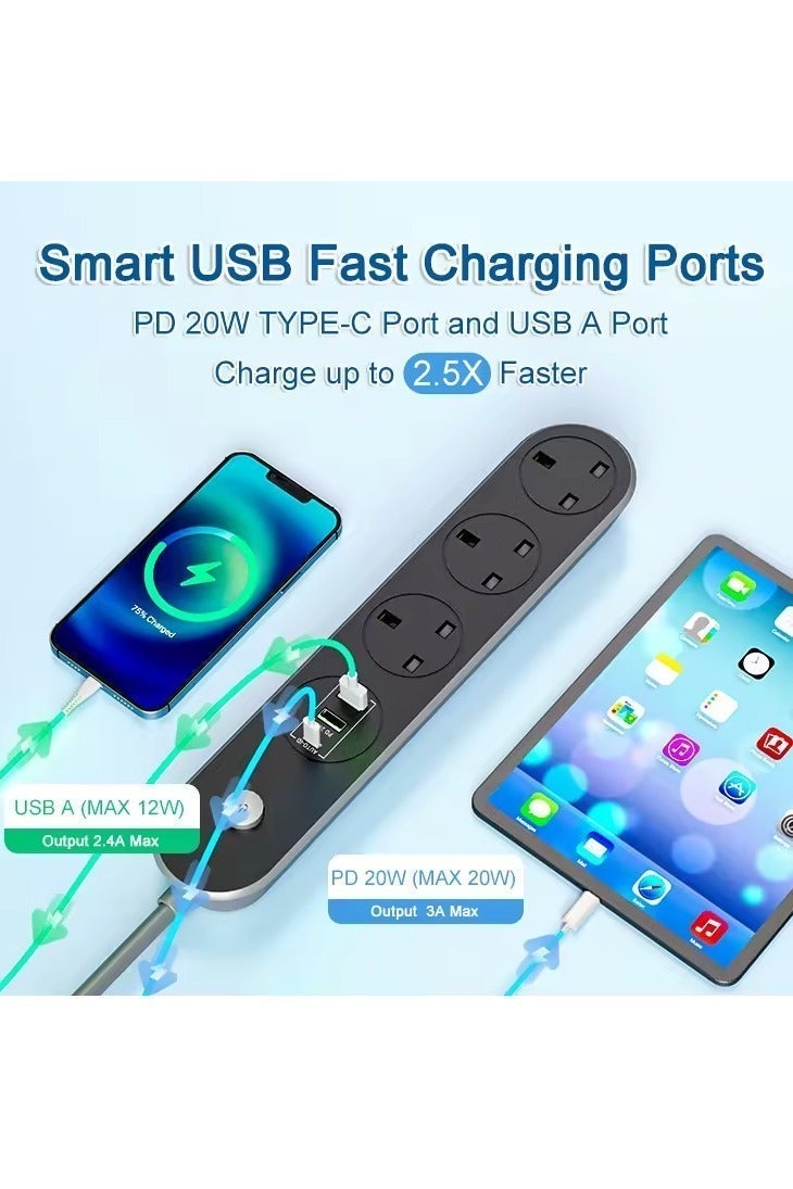 Power Extension Cord, Power Strip with 3 AC Outlets and 2 USB + PD Ports, 13A Heavy Duty Extension Lead Surge Protection Extension Socket with safety shutter for Home & Office - Image 2