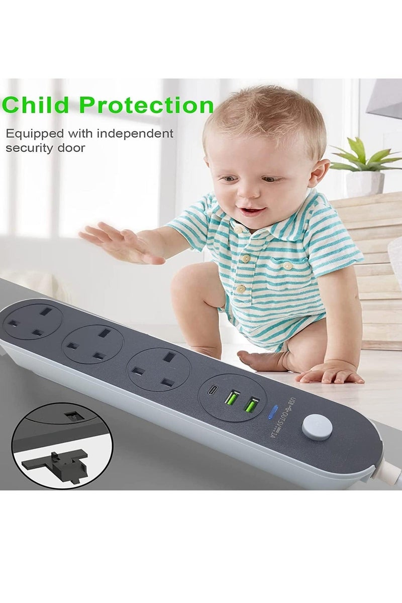Power Extension Cord, Power Strip with 3 AC Outlets and 2 USB + PD Ports, 13A Heavy Duty Extension Lead Surge Protection Extension Socket with safety shutter for Home & Office - Image 4
