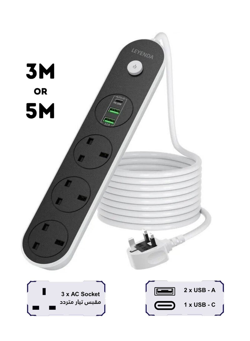 LEYENDA Power Extension Cord, Power Strip Lead with 3 AC Outlets & 2 USB + (1 USB-C), 13A Heavy Duty Surge Protected Extension Cord, Safety Shutter & 3M or 5 M, Compact Power Station for Home, Office, and Desktop - Image 1