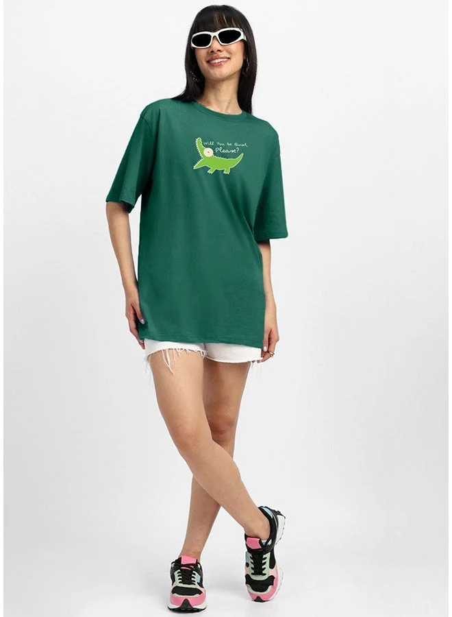 جونبيري تيشيرت قطني مطبوع بلون أخضر داكن للنساء