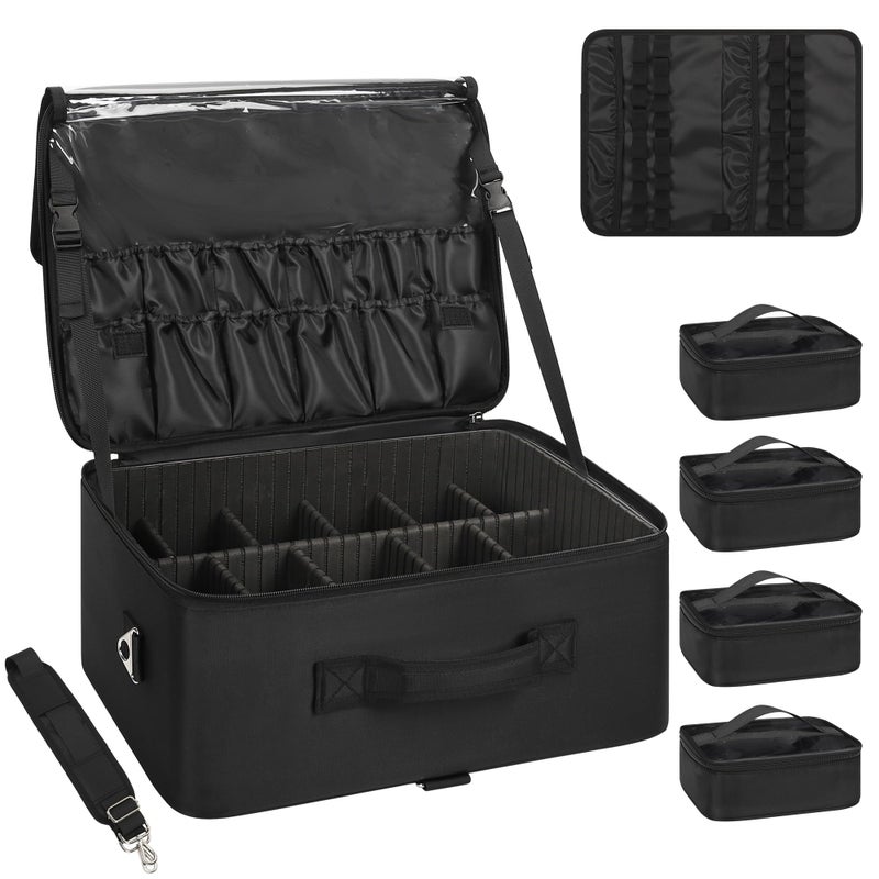 Relavel Extra Large Makeup Case Professional Cosmetic Storage Organizer Box Brush Holder with 4 Clear Set Bags & Lipstick Plate for Makeup Artists with Shoulder Strap & Adjustable Dividers - Image 1