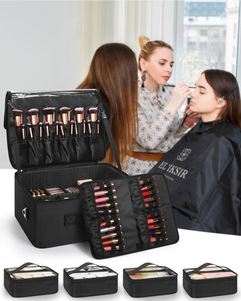 Relavel Extra Large Makeup Case Professional Cosmetic Storage Organizer Box Brush Holder with 4 Clear Set Bags & Lipstick Plate for Makeup Artists with Shoulder Strap & Adjustable Dividers - Image 2