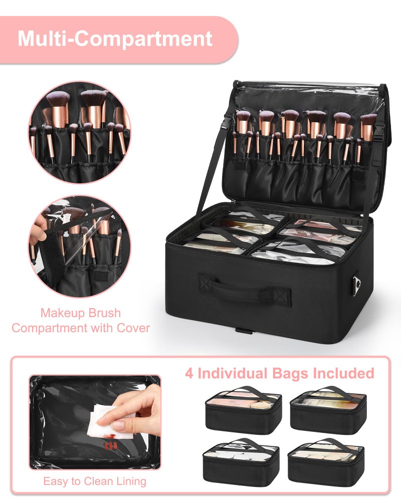 Relavel Extra Large Makeup Case Professional Cosmetic Storage Organizer Box Brush Holder with 4 Clear Set Bags & Lipstick Plate for Makeup Artists with Shoulder Strap & Adjustable Dividers - Image 4