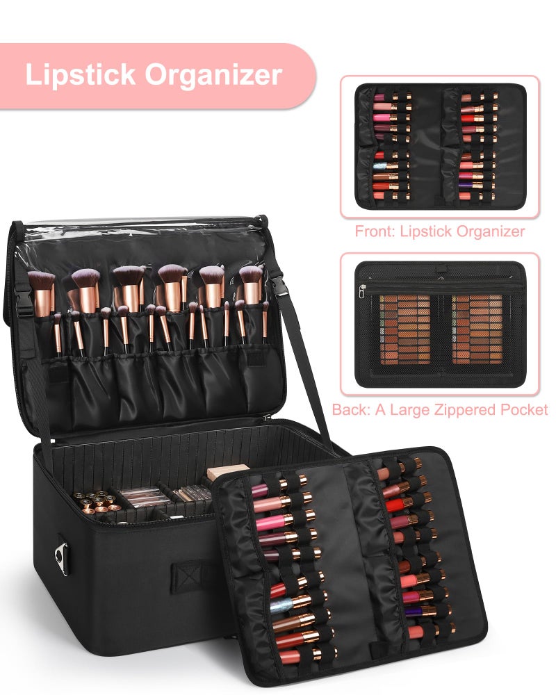 Relavel Extra Large Makeup Case Professional Cosmetic Storage Organizer Box Brush Holder with 4 Clear Set Bags & Lipstick Plate for Makeup Artists with Shoulder Strap & Adjustable Dividers - Image 5
