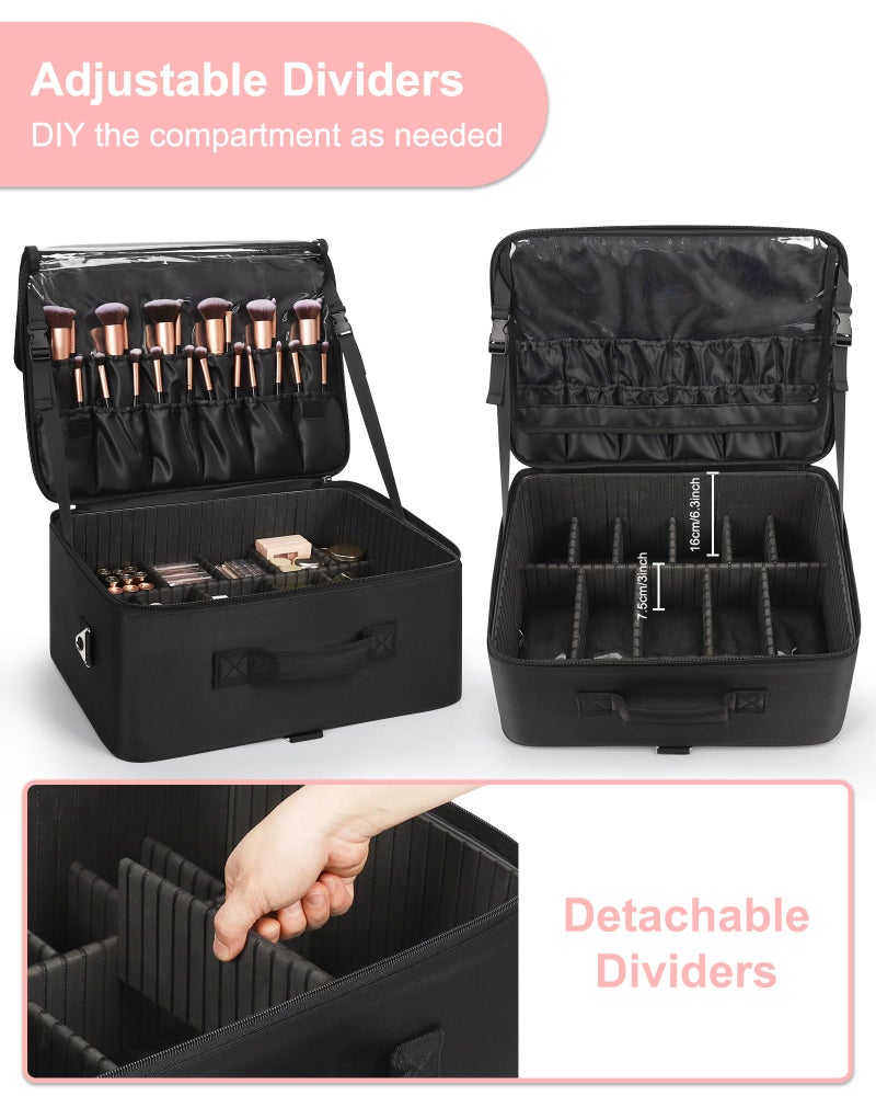 Relavel Extra Large Makeup Case Professional Cosmetic Storage Organizer Box Brush Holder with 4 Clear Set Bags & Lipstick Plate for Makeup Artists with Shoulder Strap & Adjustable Dividers - Image 3