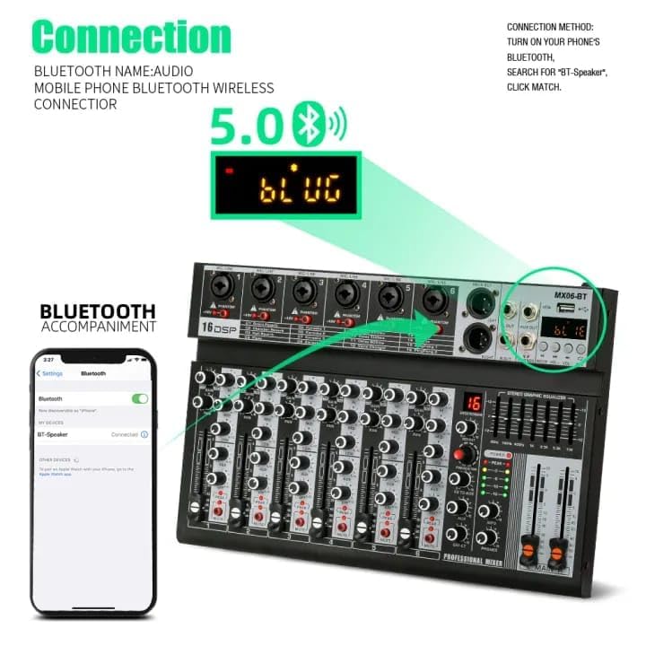 K-H 6 Channel Professional Analog Audio Mixer 6-Channel Built-In Eq/ 99-Dsp/Recording Mode Reverb Bluetooth/Pc/Usb/Mp3 Playback Concert Karaoke Home Singing Live Audio Equipment 48V Phantom, Black - Image 3