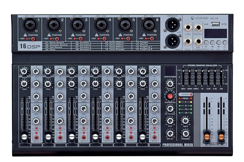 K-H 6 Channel Professional Analog Audio Mixer 6-Channel Built-In Eq/ 99-Dsp/Recording Mode Reverb Bluetooth/Pc/Usb/Mp3 Playback Concert Karaoke Home Singing Live Audio Equipment 48V Phantom, Black - Image 1