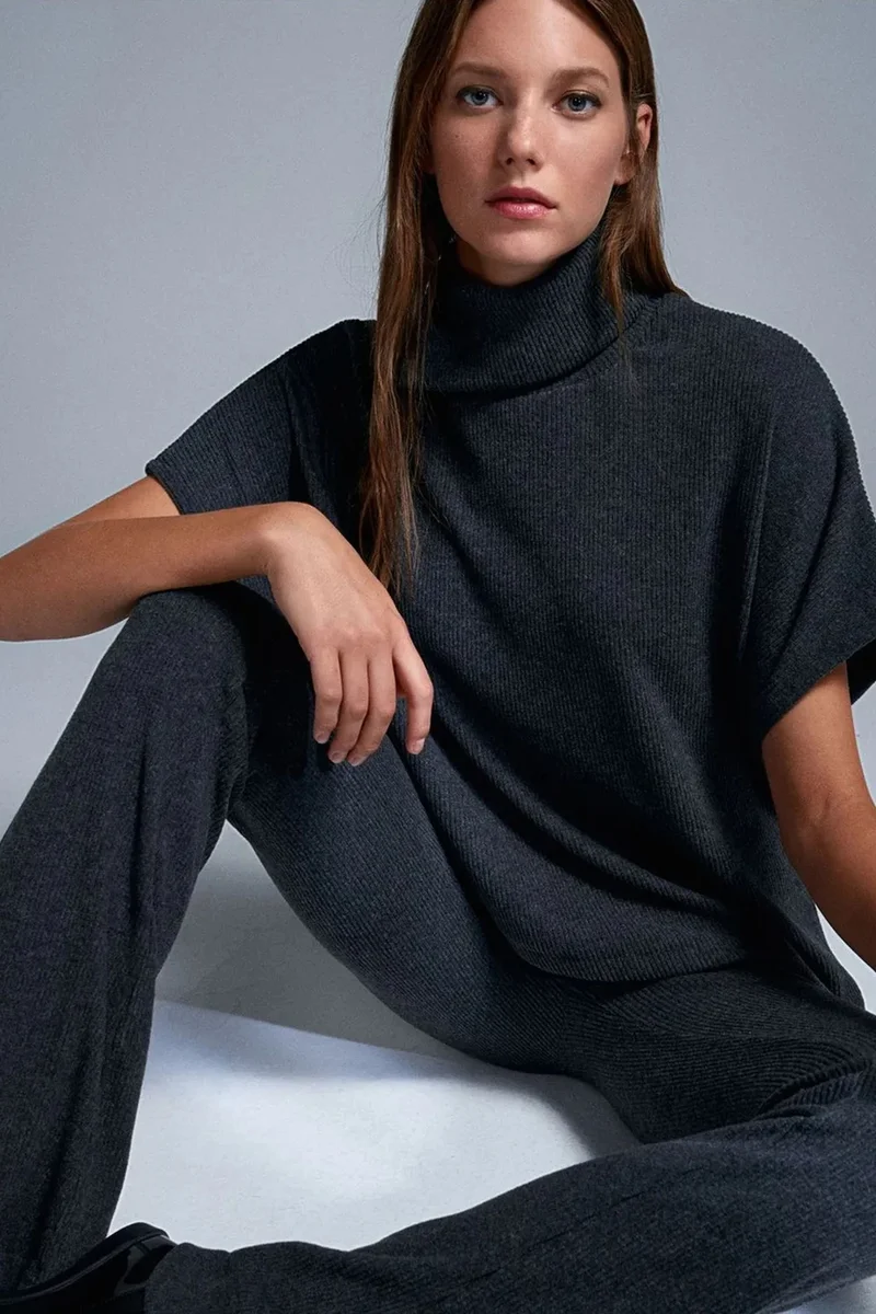 Dilvin Charcoal Grey DILVIN High-Waist Flare Knit Pants for Women | Best Price UAE