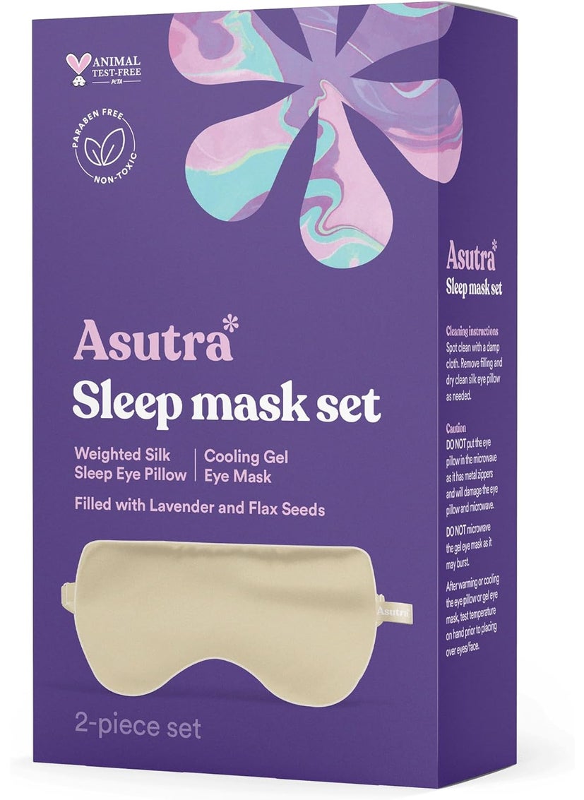 Asutra ASUTRA Silk Eye Pillow for Sleep, Champagne - Filled w/Lavender Buds & Flax Seeds, Weighted Eye Mask, Meditation & Light Blocking Blindfold, Cooling Gel Mask Included 