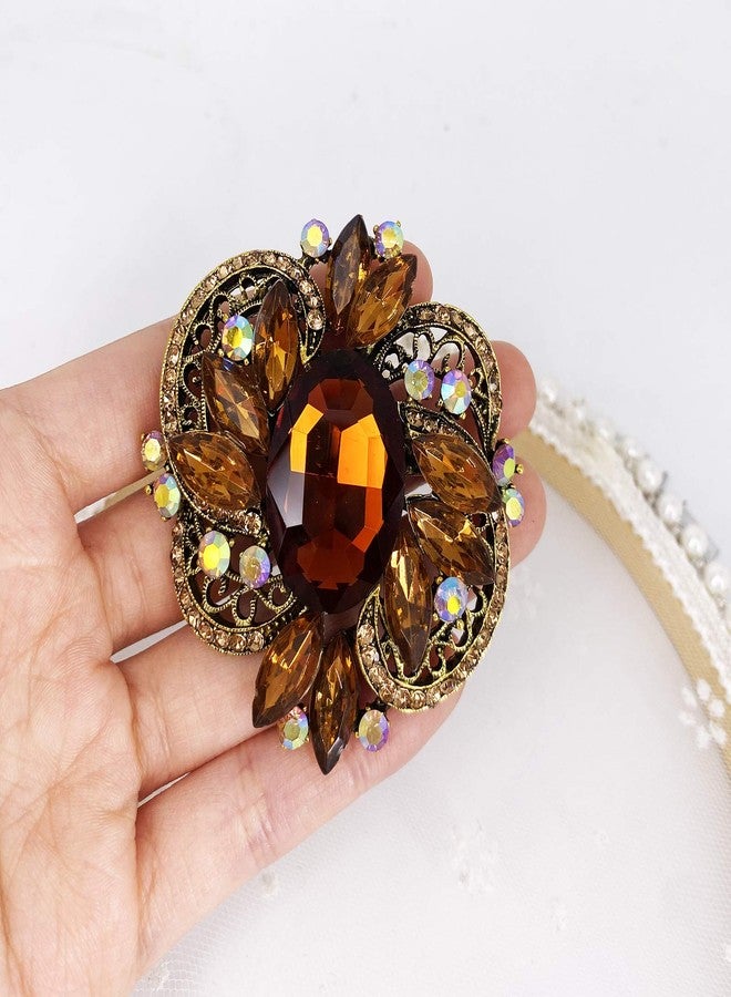LAXPICOL Women's Large Sparkly Brown Crystal Flower Brooch Pin Fashion Statement Broach Pin - Image 4