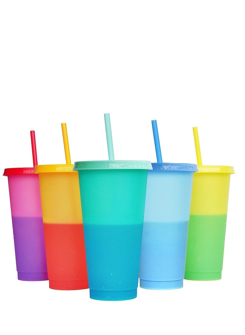 Premify Color Changing Cups, Reusable Plastic Tumblers with Lids & Straws, Magic Colored Party Iced Water Coffee Drinking Travel Mugs - 24oz Cold Drink Cup for Adults Kids (5 PCS)  - Image 1
