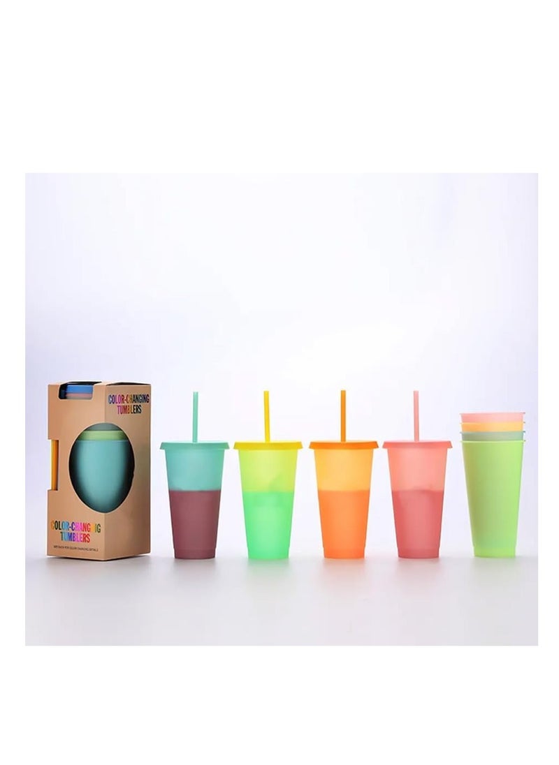 Premify Color Changing Cups, Reusable Plastic Tumblers with Lids & Straws, Magic Colored Party Iced Water Coffee Drinking Travel Mugs - 24oz Cold Drink Cup for Adults Kids (5 PCS)  - Image 2