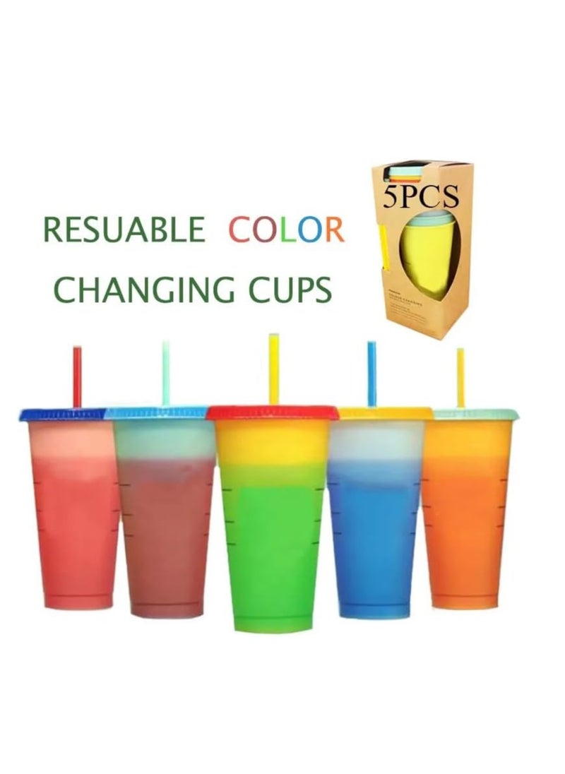 Premify Color Changing Cups, Reusable Plastic Tumblers with Lids & Straws, Magic Colored Party Iced Water Coffee Drinking Travel Mugs - 24oz Cold Drink Cup for Adults Kids (5 PCS)  - Image 3