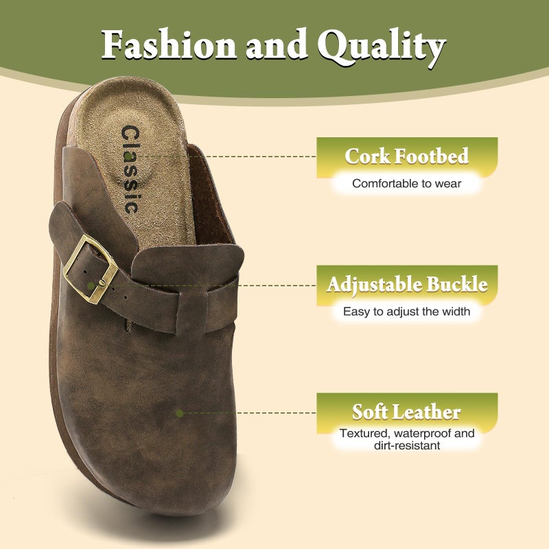 DDXYYDS Genuine Leather Platform Clogs for Women Comfort Suede Clogs with Cork Footbed Mules, Casual Chunky Potato Shoes Adjustable Slip On Thick Soled Slippers Wedge Footwear Brown - Image 5