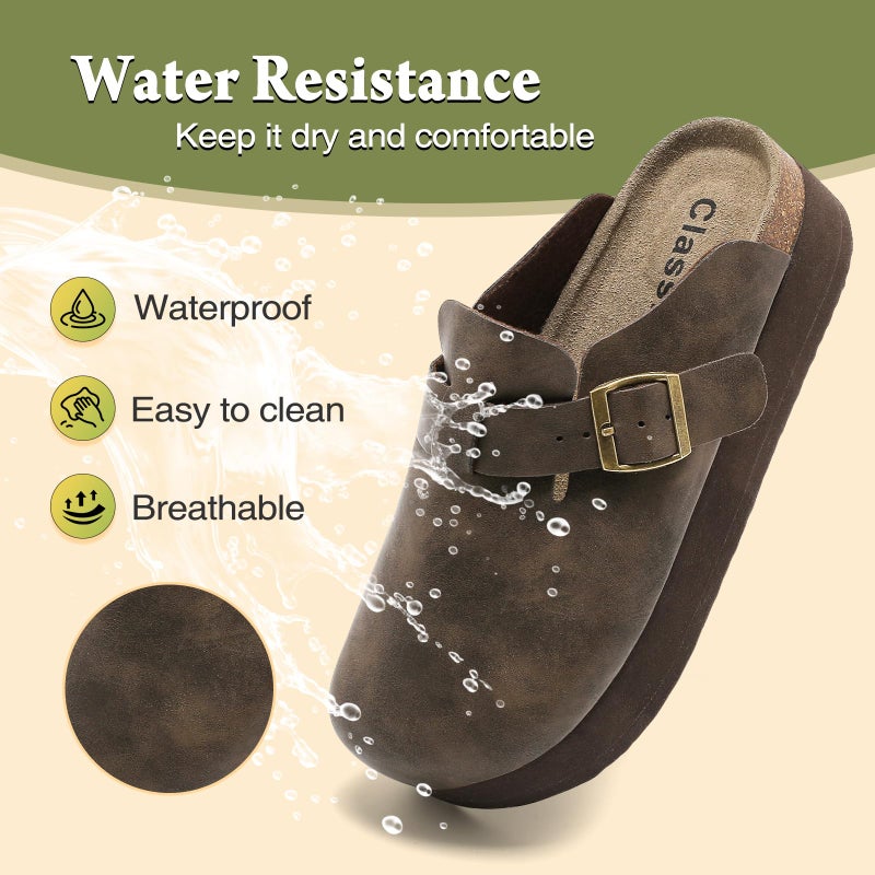 DDXYYDS Genuine Leather Platform Clogs for Women Comfort Suede Clogs with Cork Footbed Mules, Casual Chunky Potato Shoes Adjustable Slip On Thick Soled Slippers Wedge Footwear Brown - Image 4