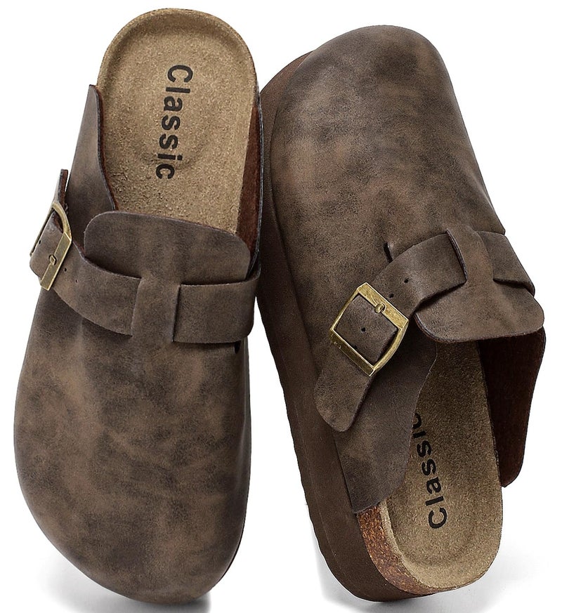 DDXYYDS Genuine Leather Platform Clogs for Women Comfort Suede Clogs with Cork Footbed Mules, Casual Chunky Potato Shoes Adjustable Slip On Thick Soled Slippers Wedge Footwear Brown - Image 1