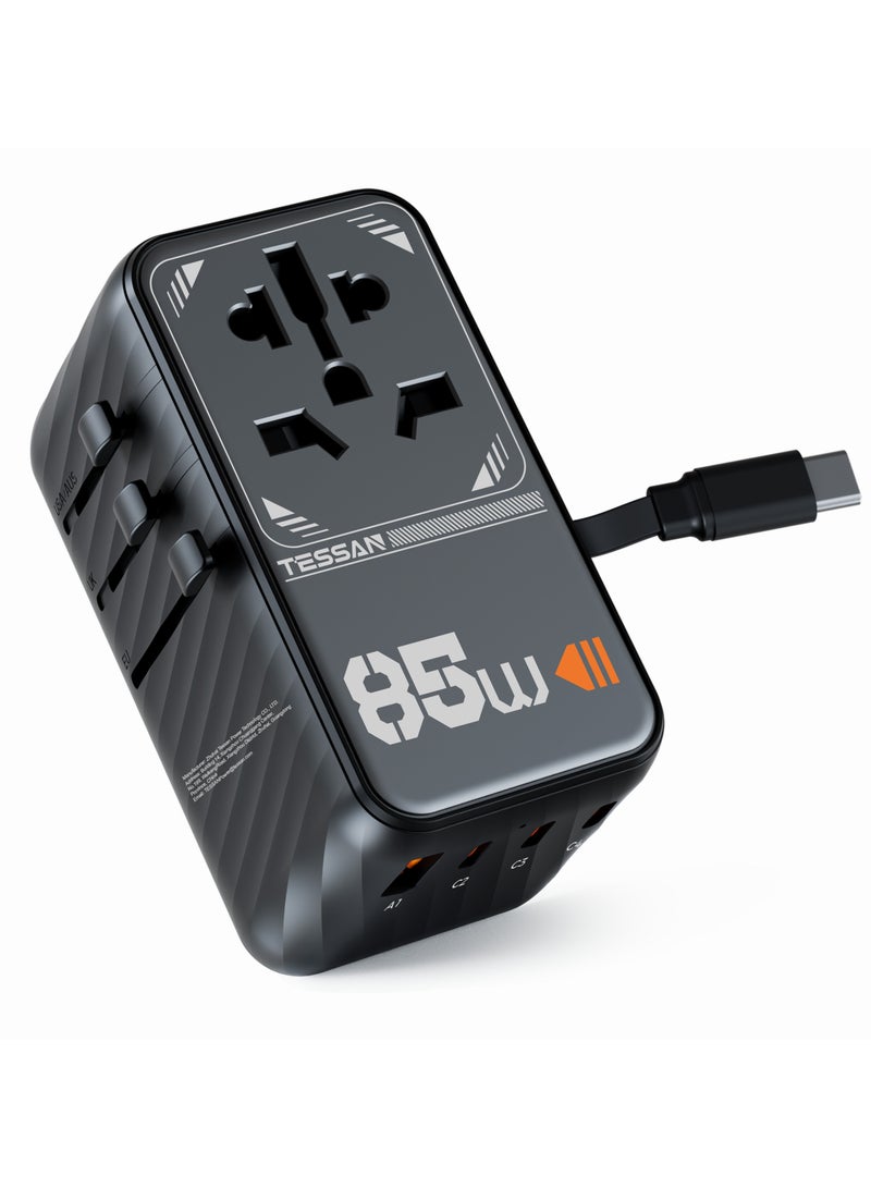 TESSAN Universal Travel Adapter 85W USB-C Fast Charger with 70CM Retractable Cable, GaN Technology, 4 USB-C + 1 USB-A + AC Outlet, International Plug Adapter for MacBook Air, Laptop, Phone & Travel TESSAN Universal Travel Adapter Wall Charger Multi Travel Adapter Charging Station For Home,& Offices Black - Image 1