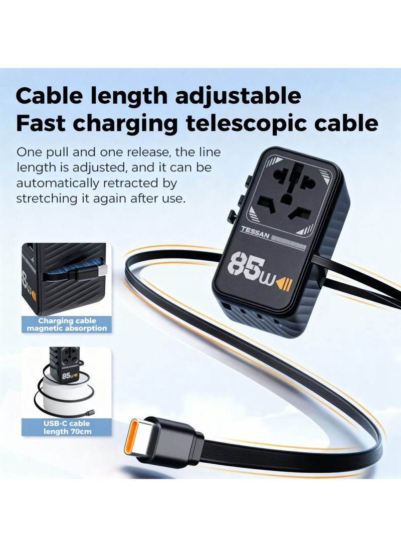 TESSAN Universal Travel Adapter 85W USB-C Fast Charger with 70CM Retractable Cable, GaN Technology, 4 USB-C + 1 USB-A + AC Outlet, International Plug Adapter for MacBook Air, Laptop, Phone & Travel TESSAN Universal Travel Adapter Wall Charger Multi Travel Adapter Charging Station For Home,& Offices Black - Image 3