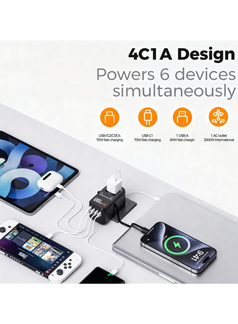 TESSAN Universal Travel Adapter 85W USB-C Fast Charger with 70CM Retractable Cable, GaN Technology, 4 USB-C + 1 USB-A + AC Outlet, International Plug Adapter for MacBook Air, Laptop, Phone & Travel TESSAN Universal Travel Adapter Wall Charger Multi Travel Adapter Charging Station For Home,& Offices Black - Image 4