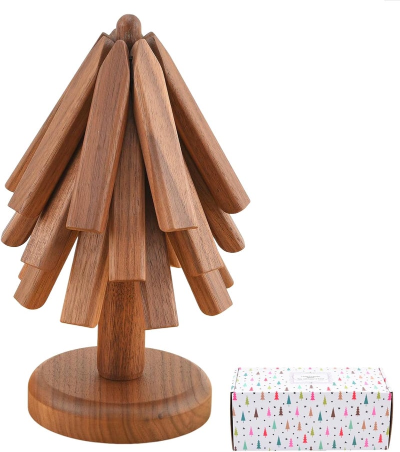 ShinianYa Wooden Tree Trivets for Hot Dishes Tree Coasters Set for Hot Pot Bowl Teapot  3 Wood Trivets  1 Stand Black Walnut Color Box - Image 1