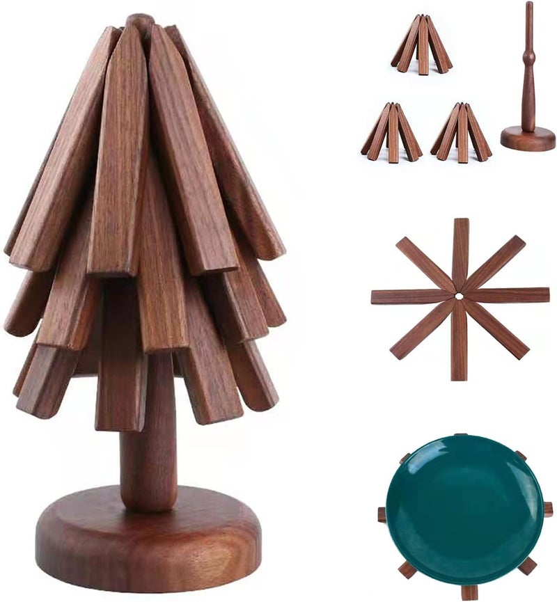 ShinianYa Wooden Tree Trivets for Hot Dishes Tree Coasters Set for Hot Pot Bowl Teapot  3 Wood Trivets  1 Stand Black Walnut Color Box - Image 4